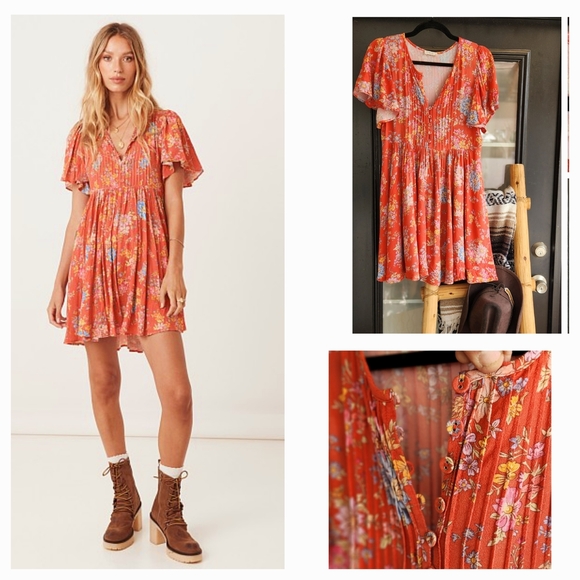 Floral Red Dress with Button Details - Picture 1 of 2